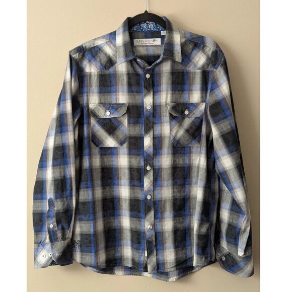 John Lennon English Laundry Cotton Shirt Plaid over Floral Background Men L /XL - Picture 1 of 8